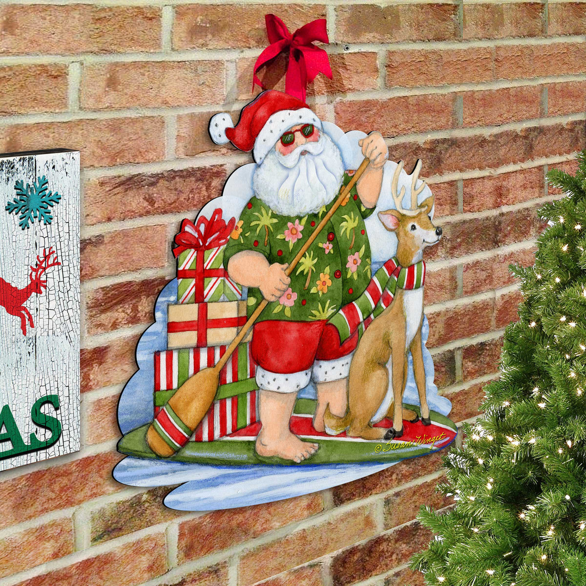 Paddleboarding Santa, Reindeer & Presents Wood Art