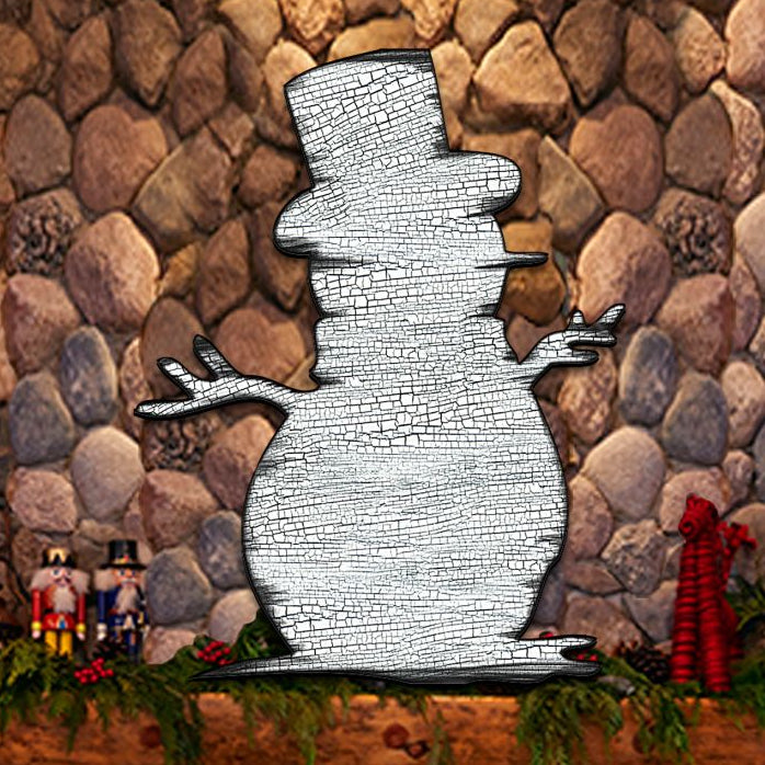 Rustic winter decoration of a Snowman with a distressed finish sitting on a rock mantel