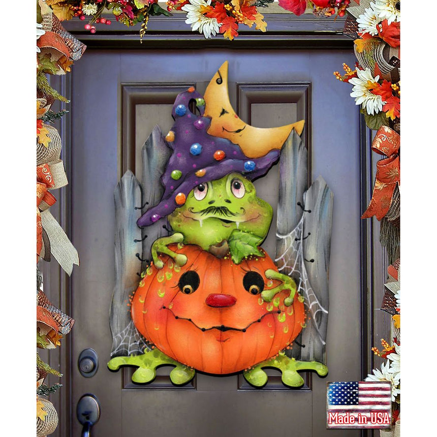 Cute Witch Frog & Jack 'o Lantern Halloween Door Decor