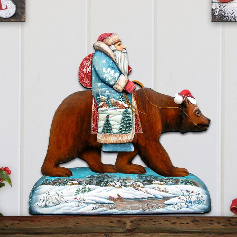 Folk Art Santa & Bear Wood Door Hanger