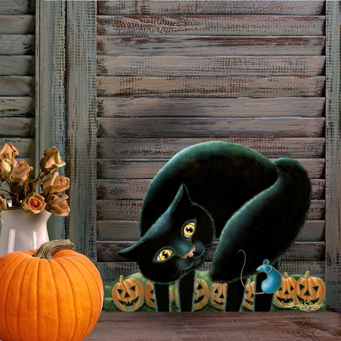 Black Cat Halloween Wood Door Art