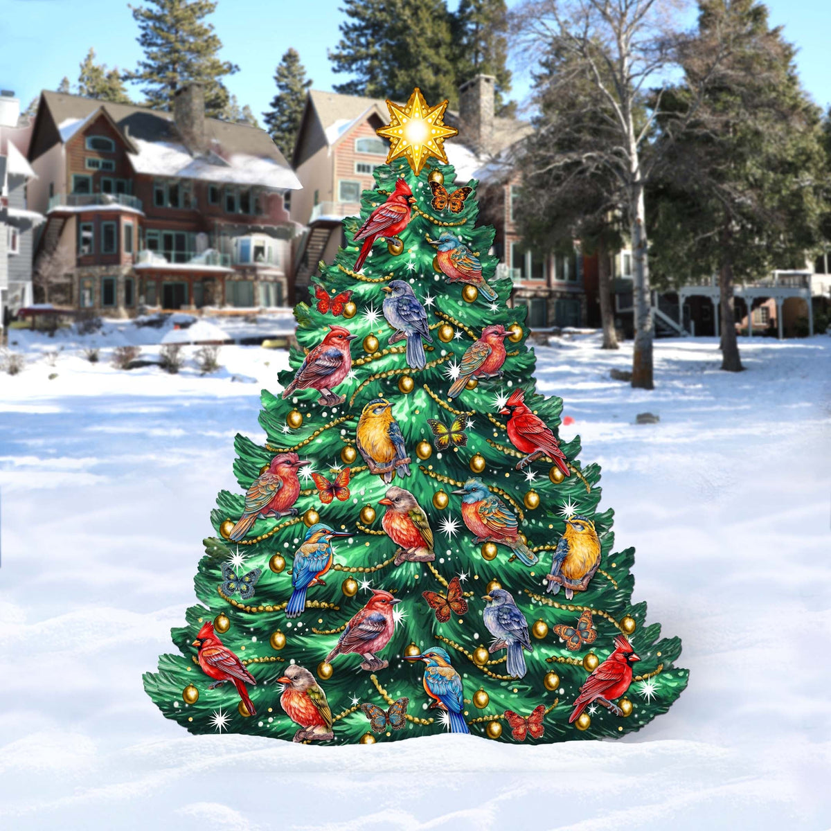 Christmas Tree & Winter Birds Freestanding Decoration