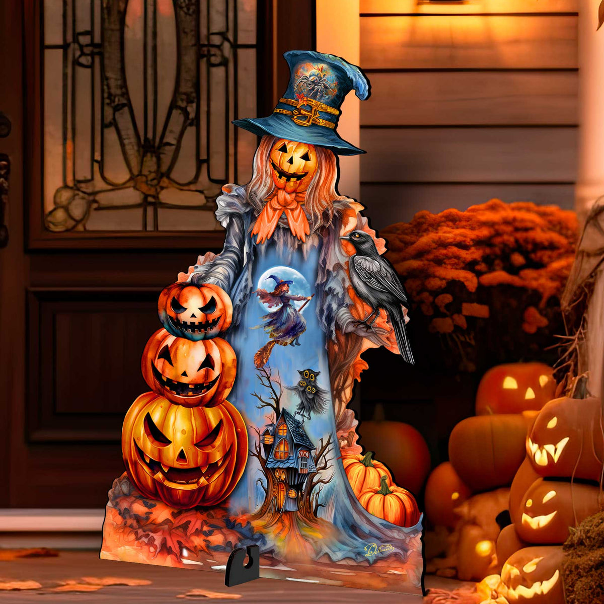 Halloween-themed decoration with a scary pumpkinhead witch
