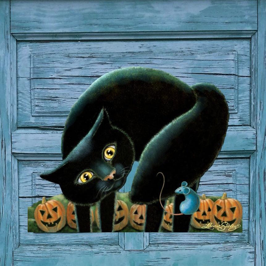Black Cat Halloween Wood Door Art