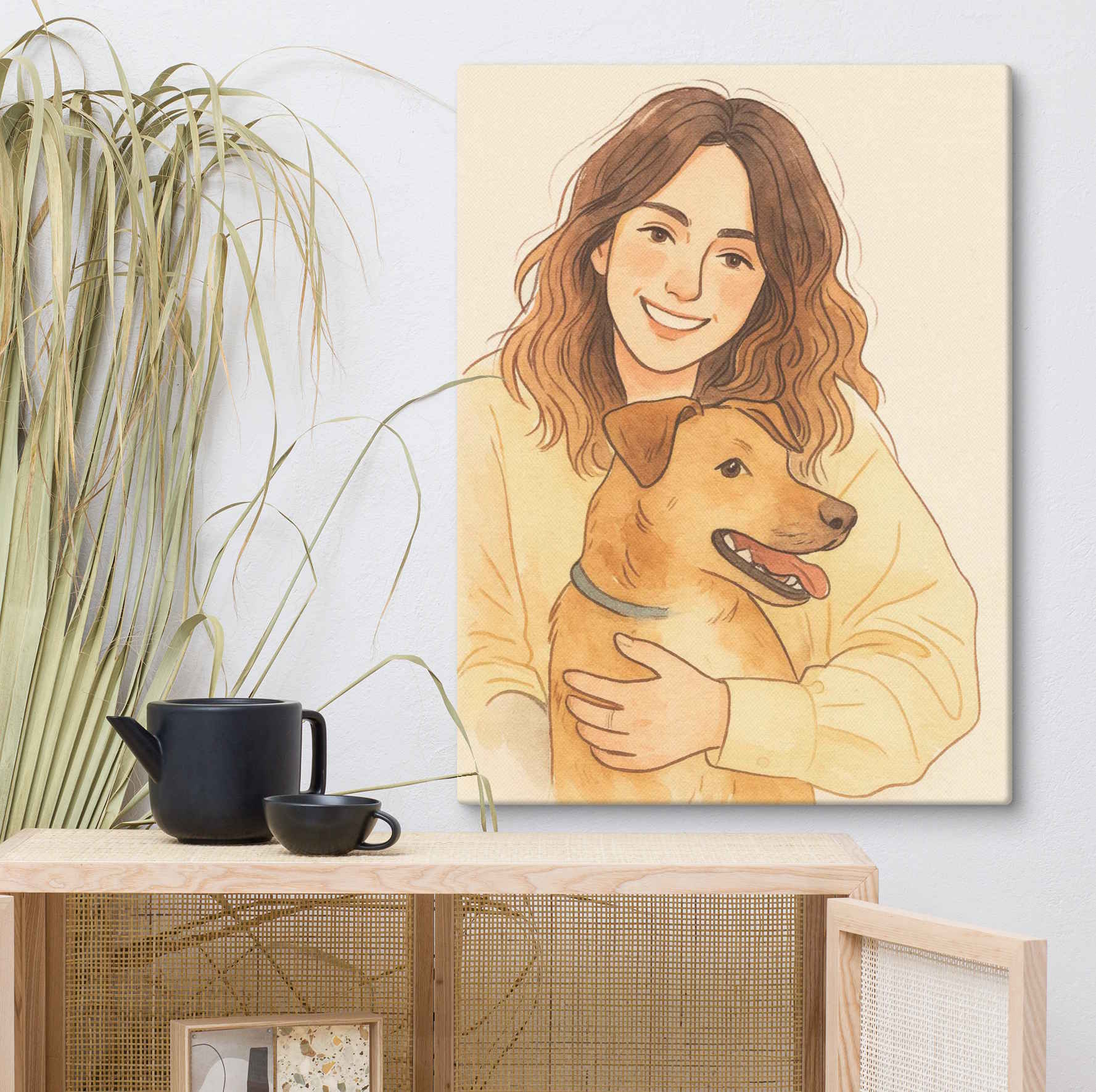 Personalized Pet and Owner Portrait on Canvas - Drawing and Watercolor Style