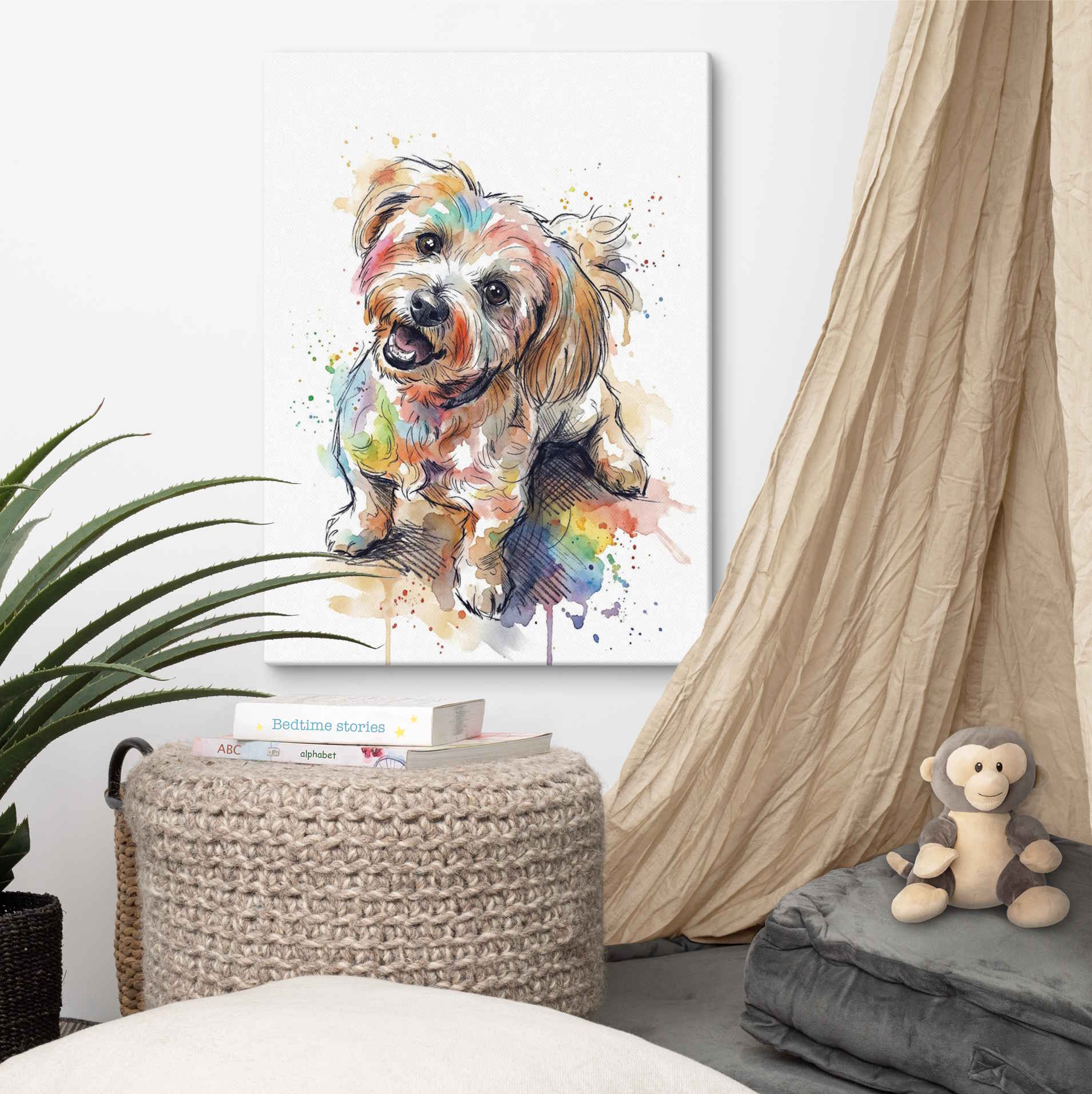 Custom Pet and Human Portrait on Canvas - Modern Illustration and Watercolor Style