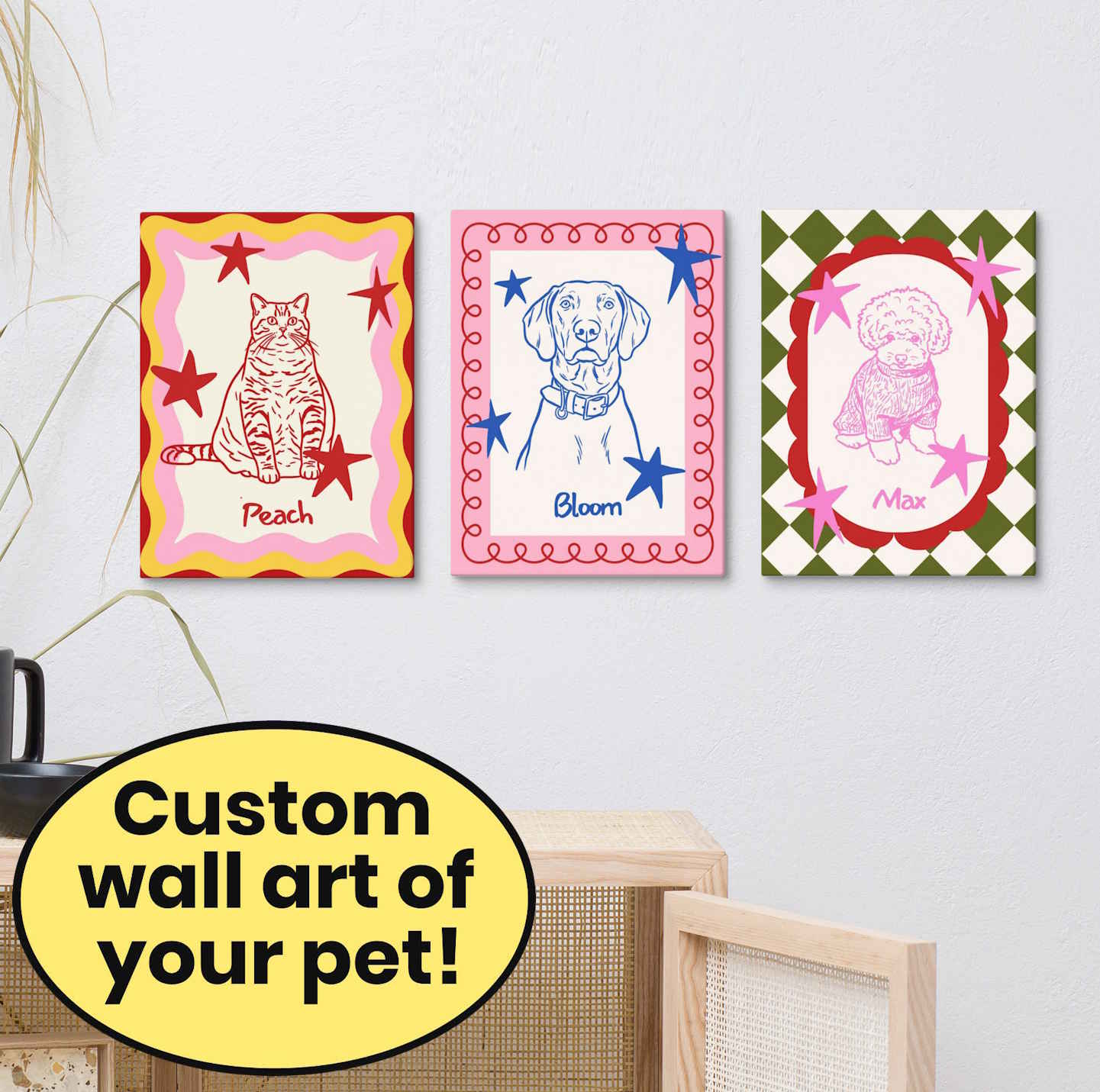 Hand drawn Custom Pet Art - Fun, Colorful & Unique - Canvas Wall Art