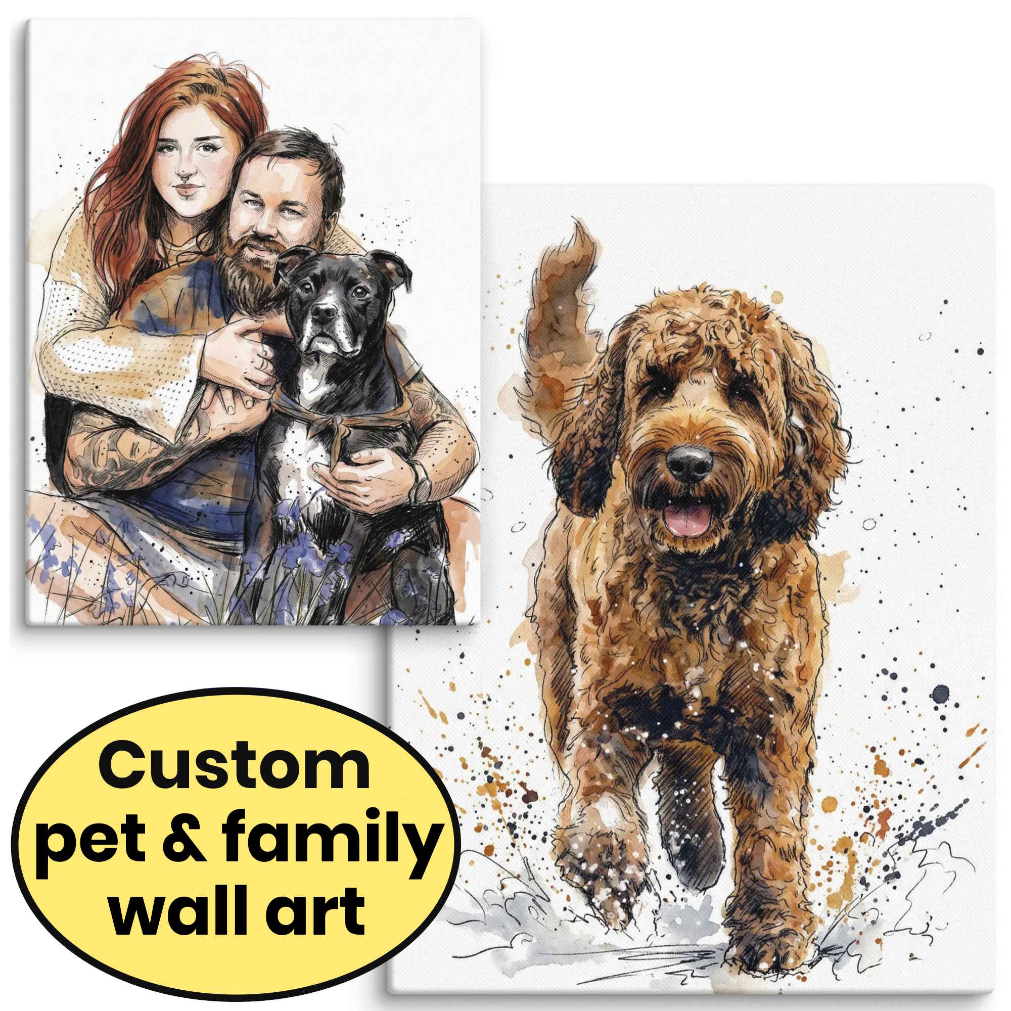 Custom Pet and Human Portrait on Canvas - Modern Illustration and Watercolor Style