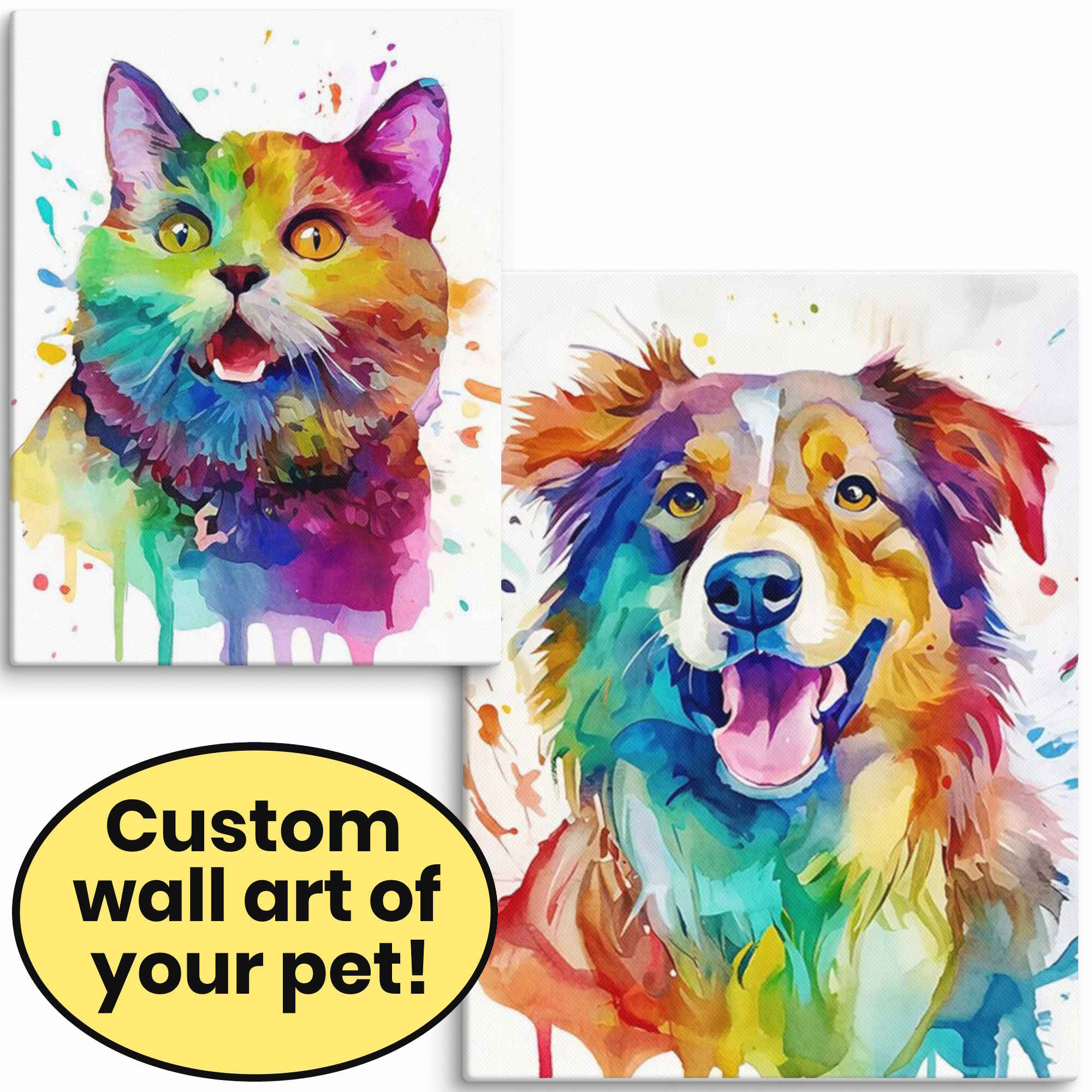 Pet Picture on Canvas in Colorful, Fun Watercolor Style - Custom Portrait