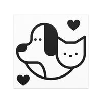 Pet Lovers Car Magnet with dog image, cat image and two hearts in black and white, 5x5 inches square 