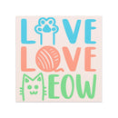 Live Love Meow Car Magnet in blue, coral, green, beige with cat image, paw image, ball of yarn image, 5x5 inches square