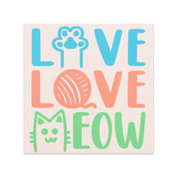 Live Love Meow Car Magnet in blue, coral, green, beige with cat image, paw image, ball of yarn image, 5x5 inches square