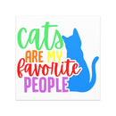 Cats are my Favorite People Car Magnet text in green, red, orange, yellow, purple with blue cat silhouette, 5x5 inches square