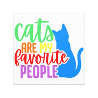 Cats are my Favorite People Car Magnet text in green, red, orange, yellow, purple with blue cat silhouette, 5x5 inches square
