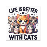 Life is Better with Cats Car Magnet with 5 cute cartoon cat images, 5x5 inches square