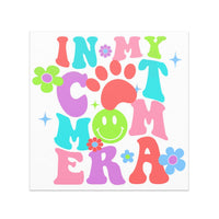 In My Cat Mom Era Car Magnet for Cat Lovers wavy text in coral, pink, green, blue and purple, 5x5 inches square