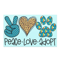 Peace Love Adopt Car Magnet in shades of teal, cream, brown, black with finger peace sign, heart and paw print, 5x5 inches square