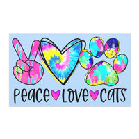 Peace Love Cats Car Magnet finger peace sign, heart and paw print in pink, blue, green patterns, 5x5 inches square 