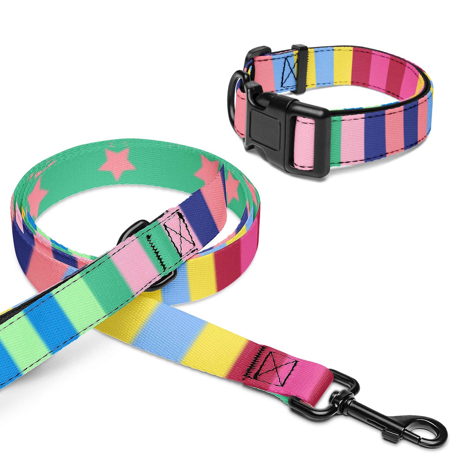 Rainbow Stripes and Stars Dog Collar & Leash