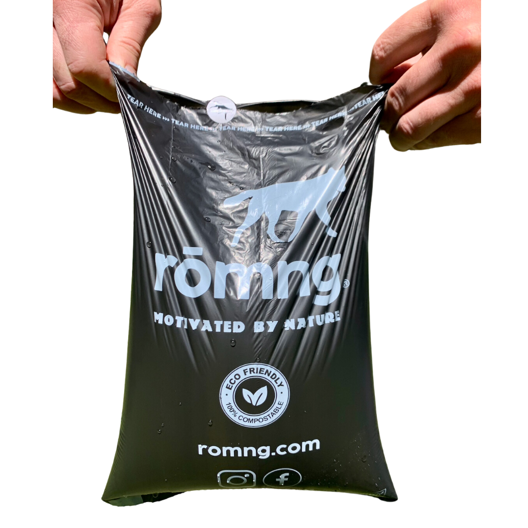 compostable plant-based dog poop bags + bamboo dispenser by rōmng