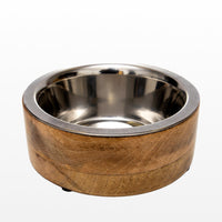Modern Dog Bowl in Stainless Steel with Mango Wood Holder