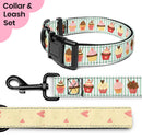 Dog collar and leash set with cupcake pattern on a green and white striped background
