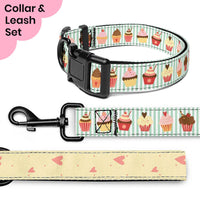 Dog collar and leash set with cupcake pattern on a green and white striped background