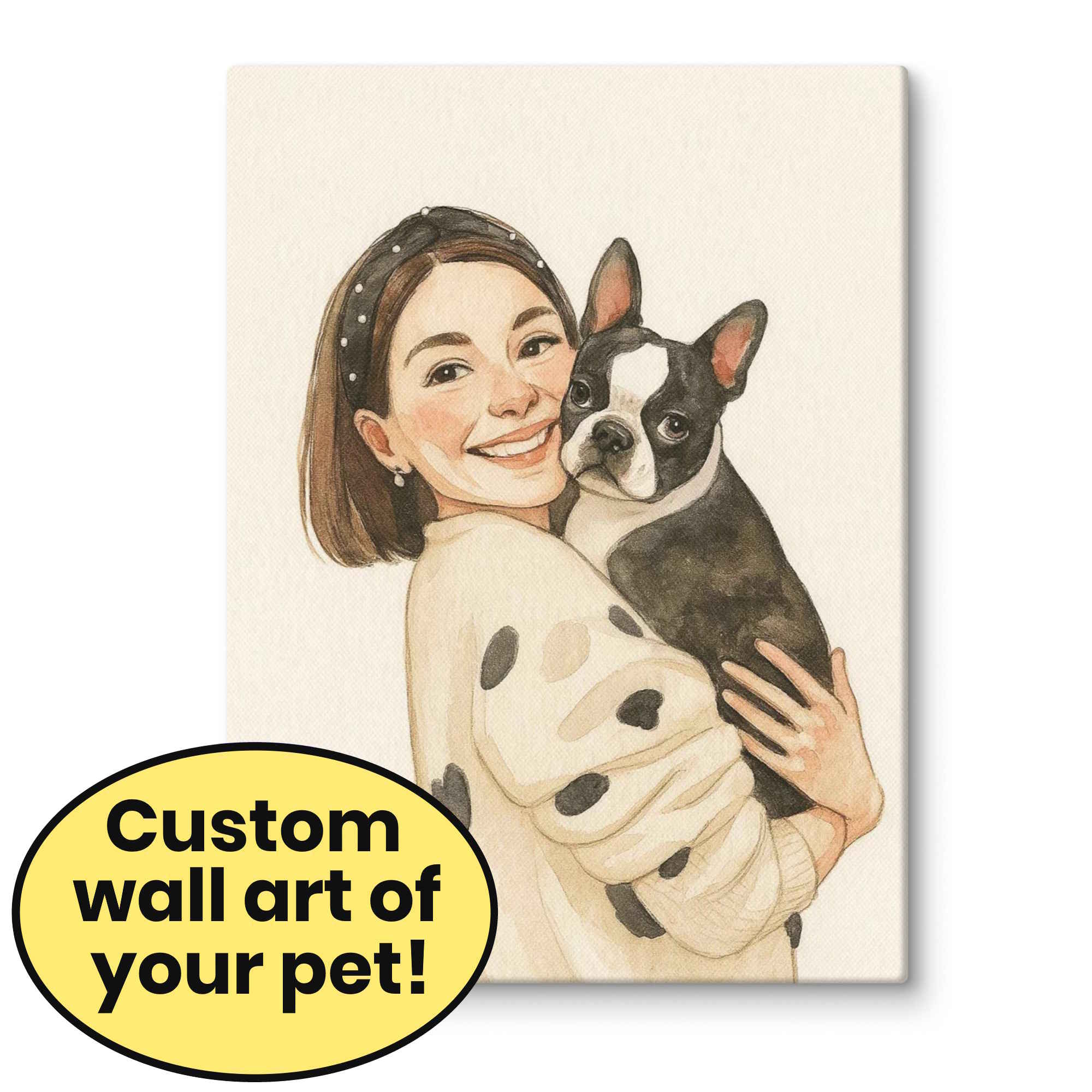 Personalized Pet and Owner Portrait on Canvas - Drawing and Watercolor Style