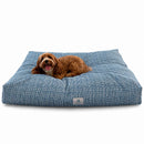 A small brown dog on a square blue plaid dog bed against a plain white background. 