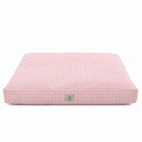 all pink feminine cottagecore rectangle pet bed on a white background. 