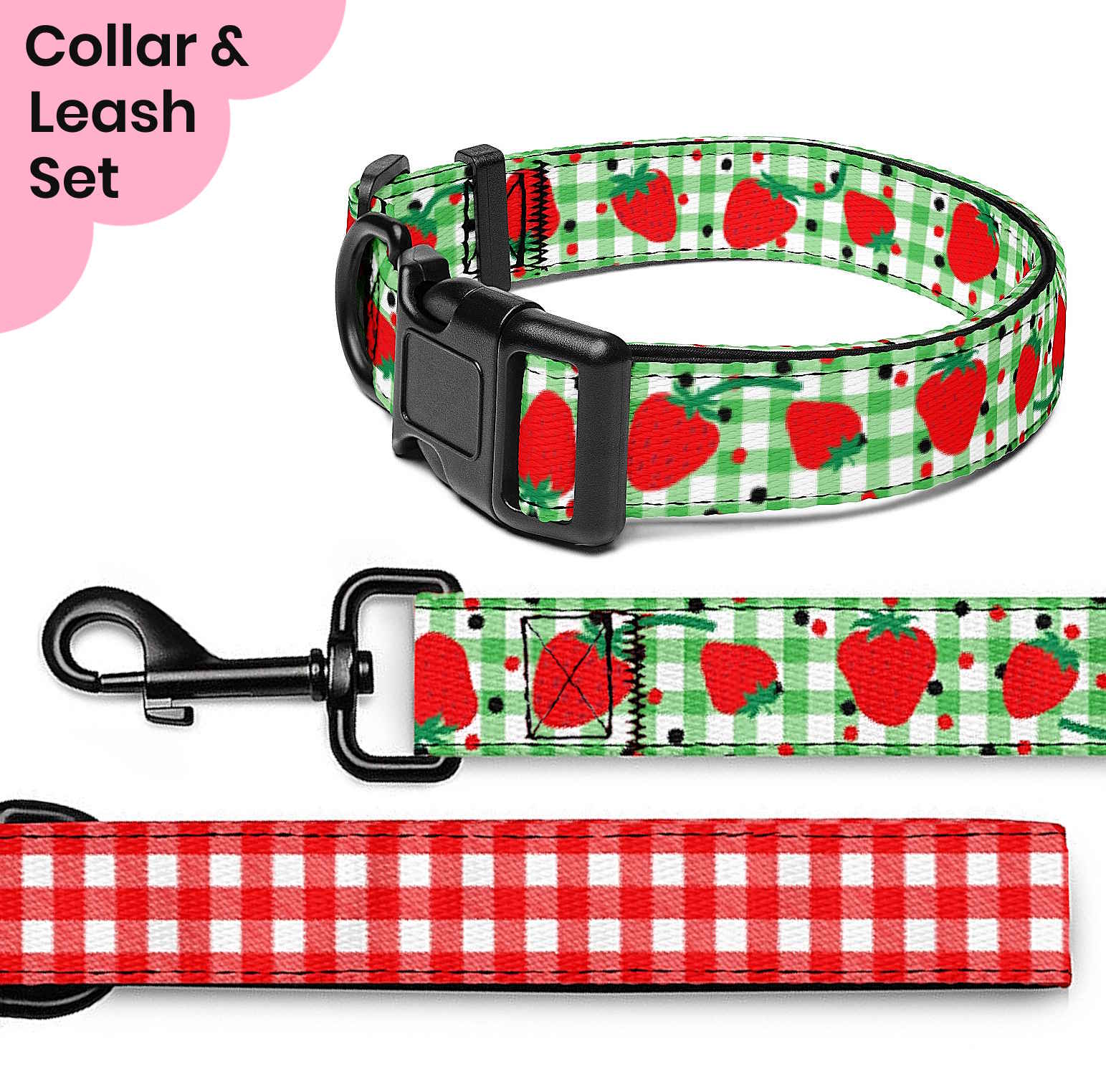 Strawberry Gingham Dog Collar & Leash