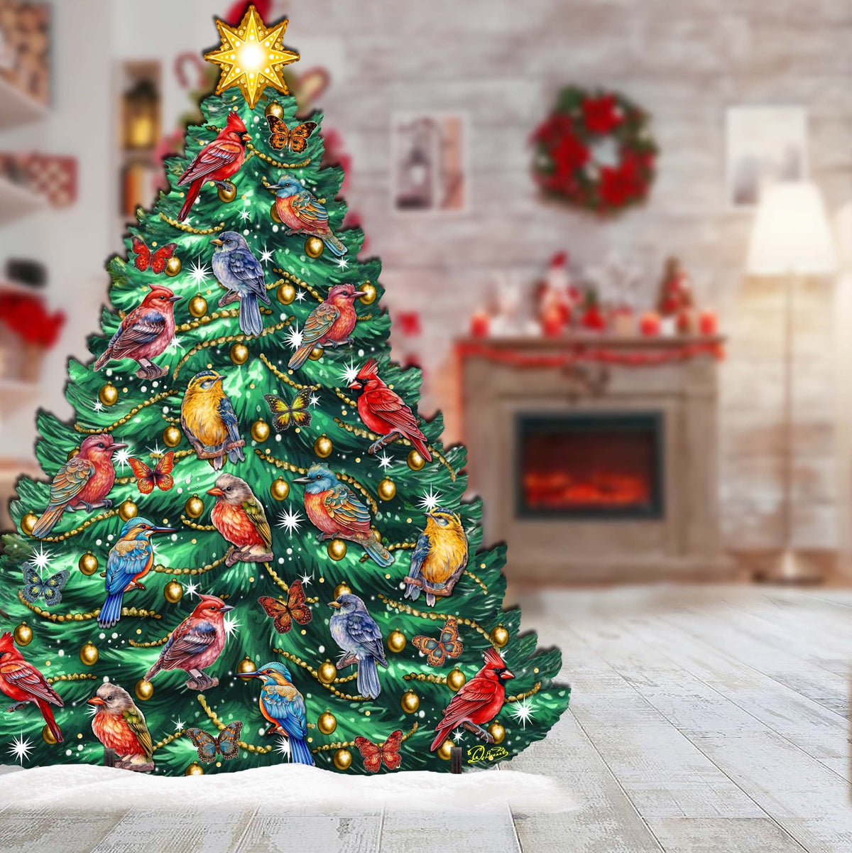 Christmas Tree & Winter Birds Freestanding Decoration