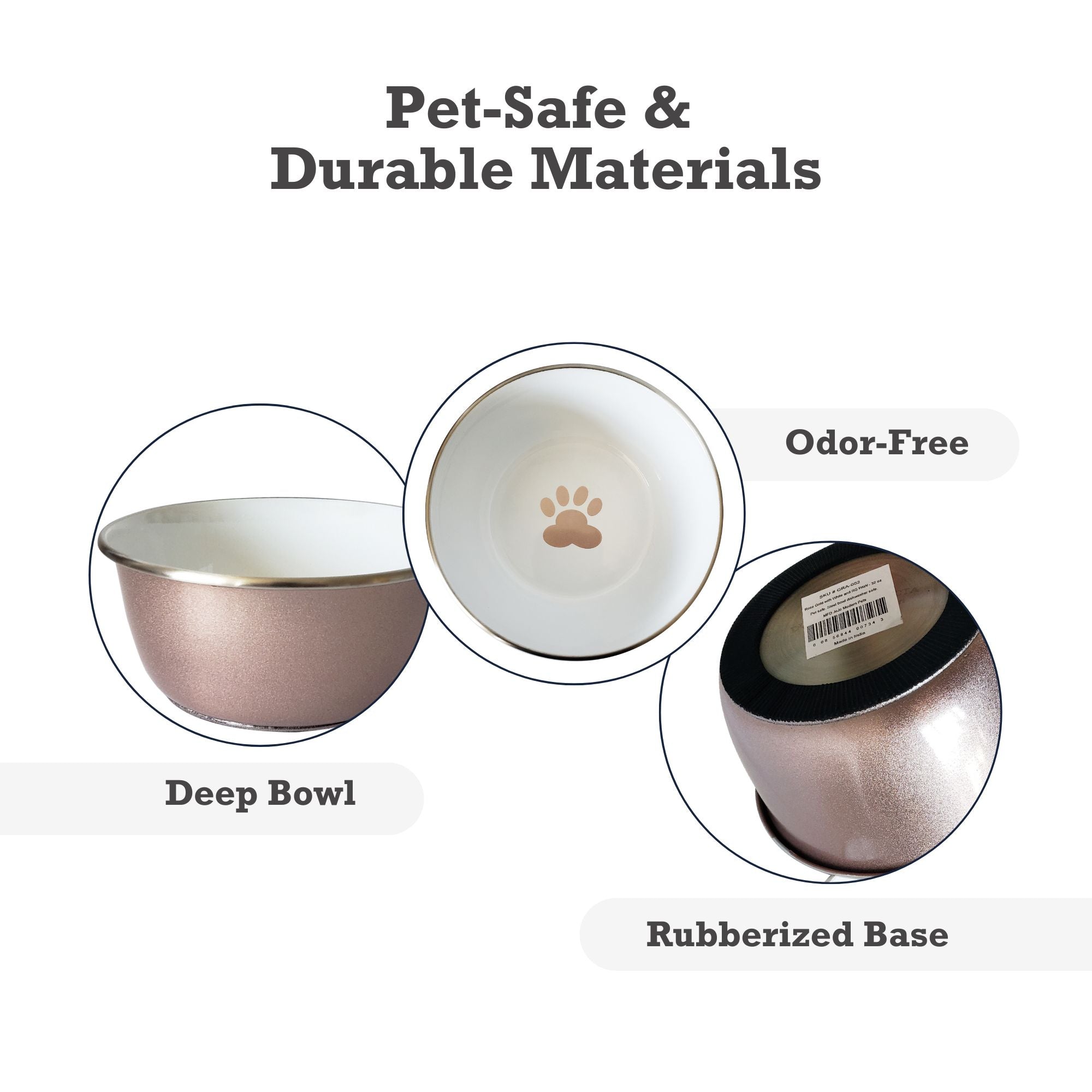 Deep Dog Bowl in Stainless Steel - Rose Gold & Paw Print