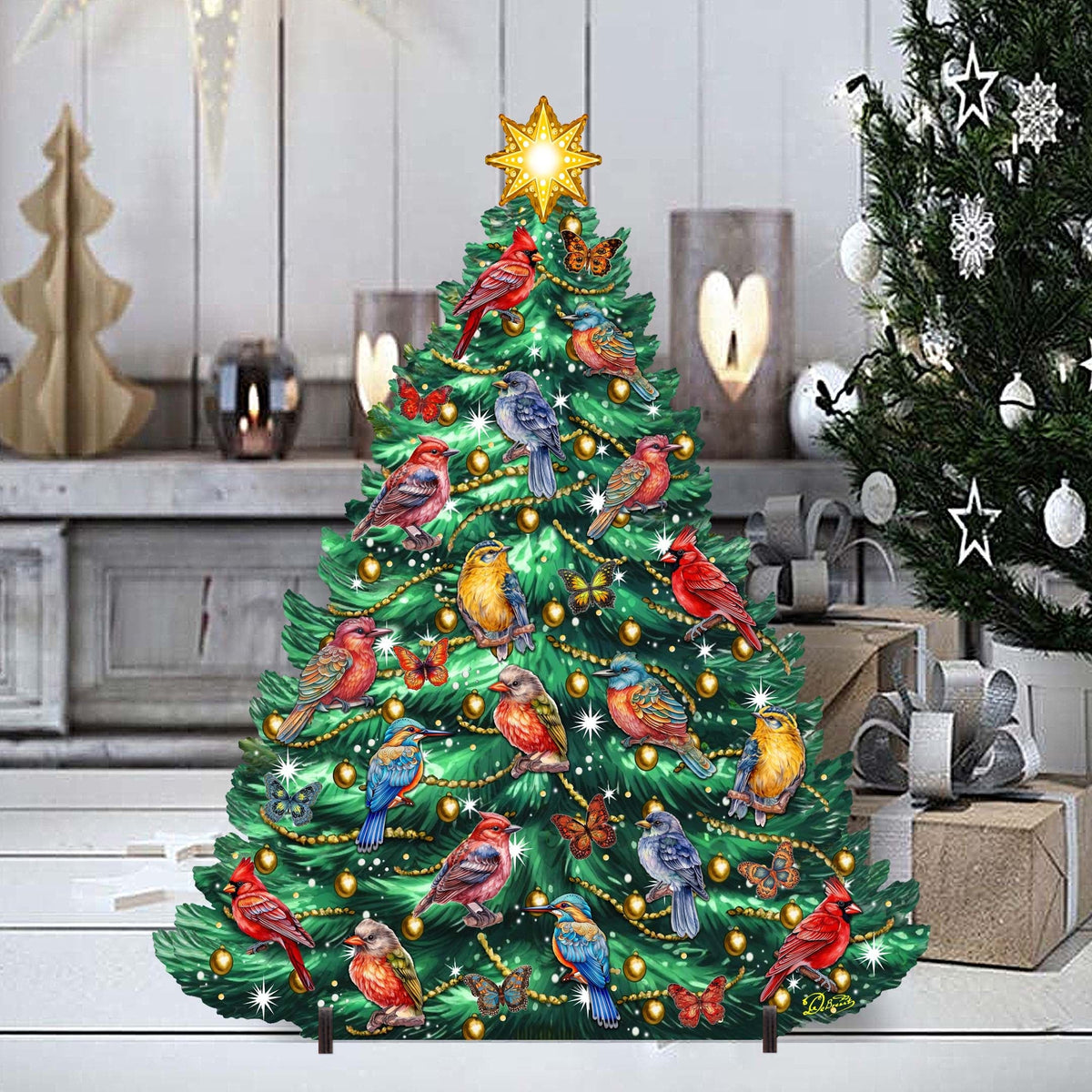 Christmas Tree & Winter Birds Freestanding Decoration