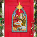 Red door with illustrated nativity scene decoration with blue frame and star of bethlehem, surrounded by Christmas garlands