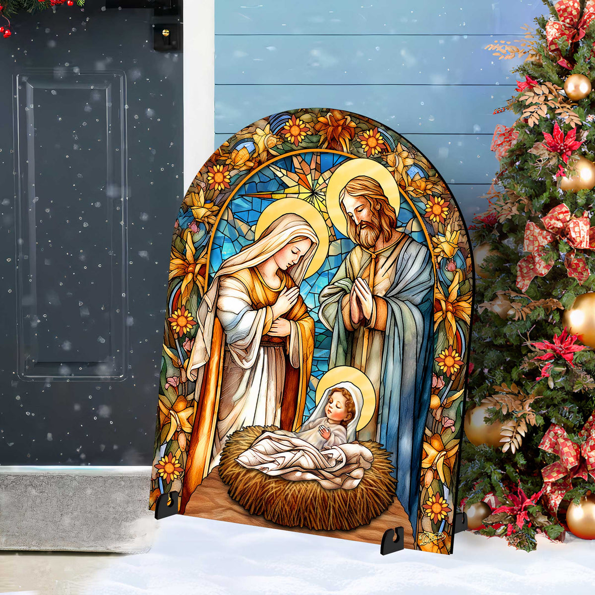 Church Stained Glass Style Nativity Outdoor Art