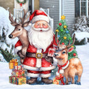 Santa, reindeer, Christmas tree and gifts holiday lawn wood decoration.