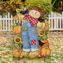 cute fall yard stand-up decoration of a scarecrow, pumpkins, blackbirds, sunflowers and apples.