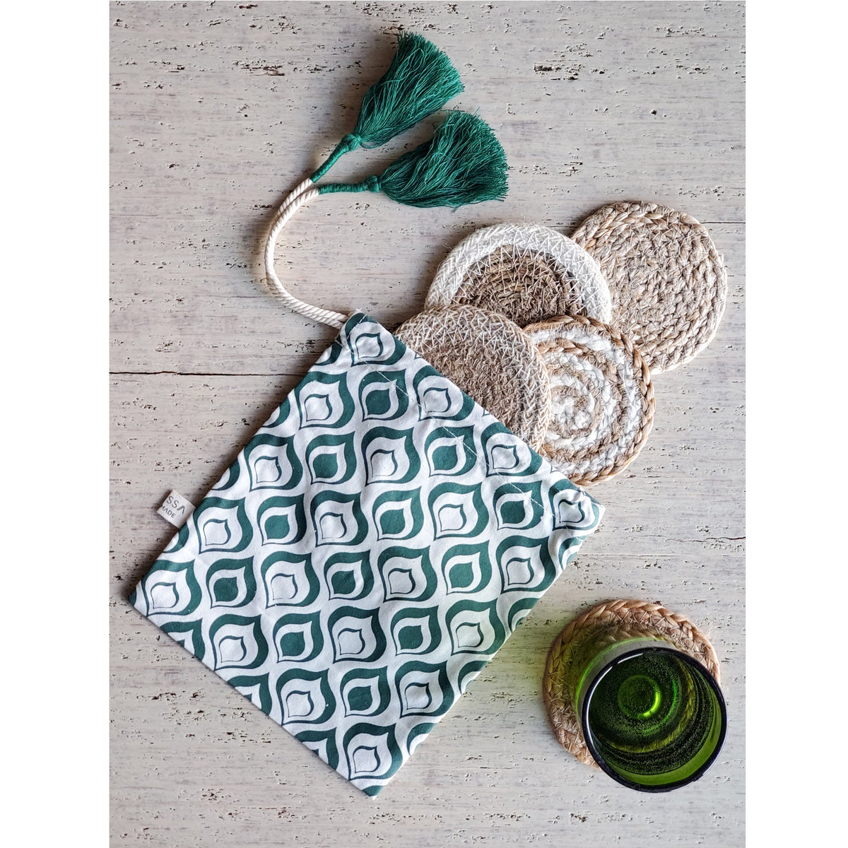 Hand-made Coaster Set in Green Gift Bag