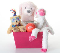 A plush dog toy gift basket set in a bright pink box, featuring a large light pink puppy, a white monkey with pink accents, a small tan teddy bear wearing a party hat and bow tie, and an orange balloon that reads 'HAPPY BIRTHDAY'.