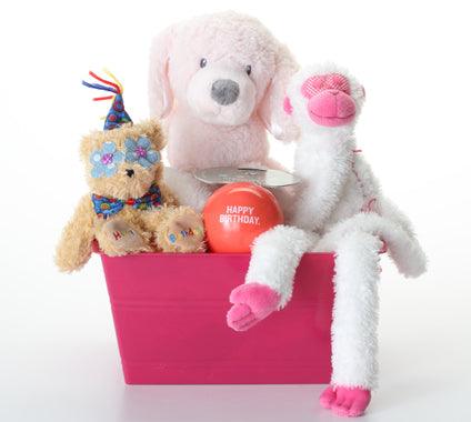 A plush dog toy gift basket set in a bright pink box, featuring a large light pink puppy, a white monkey with pink accents, a small tan teddy bear wearing a party hat and bow tie, and an orange balloon that reads 'HAPPY BIRTHDAY'.