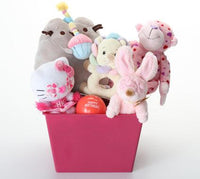 A pink dog toy gift basket filled with plush toys, including a white Hello Kitty figure, a pink bunny, a pink teddy bear, a gray plush, and a cream bear, with a small red 'Happy Birthday' ball, on a white background.