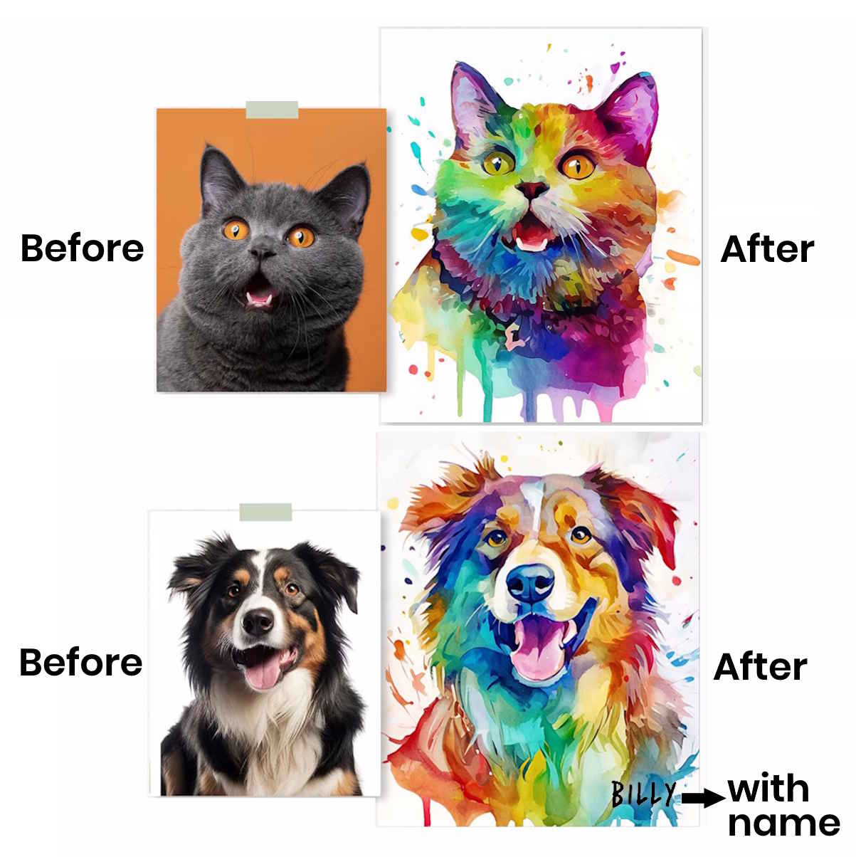 Pet Picture on Canvas in Colorful, Fun Watercolor Style - Custom Portrait