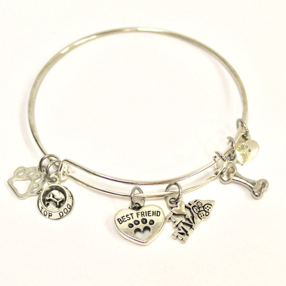 Stainless steel bracelet with dog-themed charms on a white background