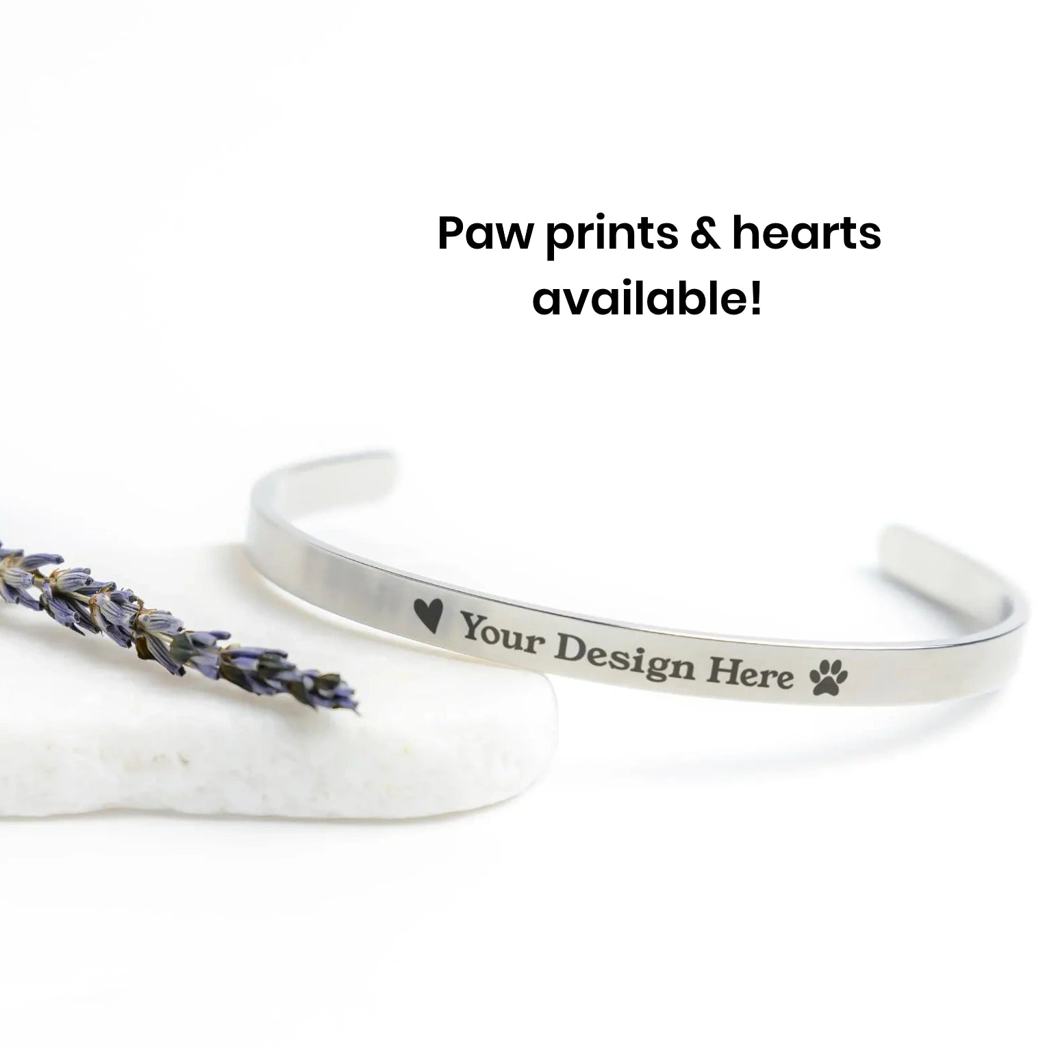 Personalized Name Custom Cuff Bracelet Silver, Heart, Paw Print