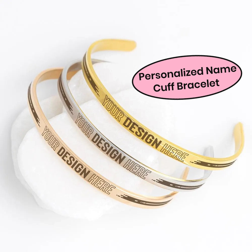 Personalized Name Cuff Bracelet in Gold, Rose Gold & Silver with Heart, Paw Print