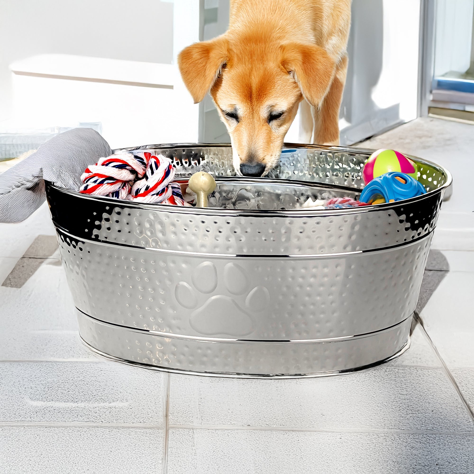 Stainless Steel Dog Toy Storage Bin – Large, Embossed Paw Print | BREKX