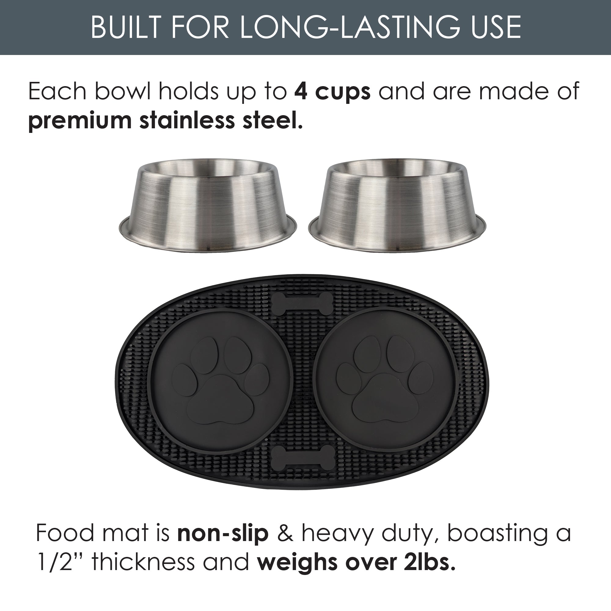 Stainless Steel Dog Bowls with Non-Slip Rubber Food Mat Set – 4 Cup | BREKX