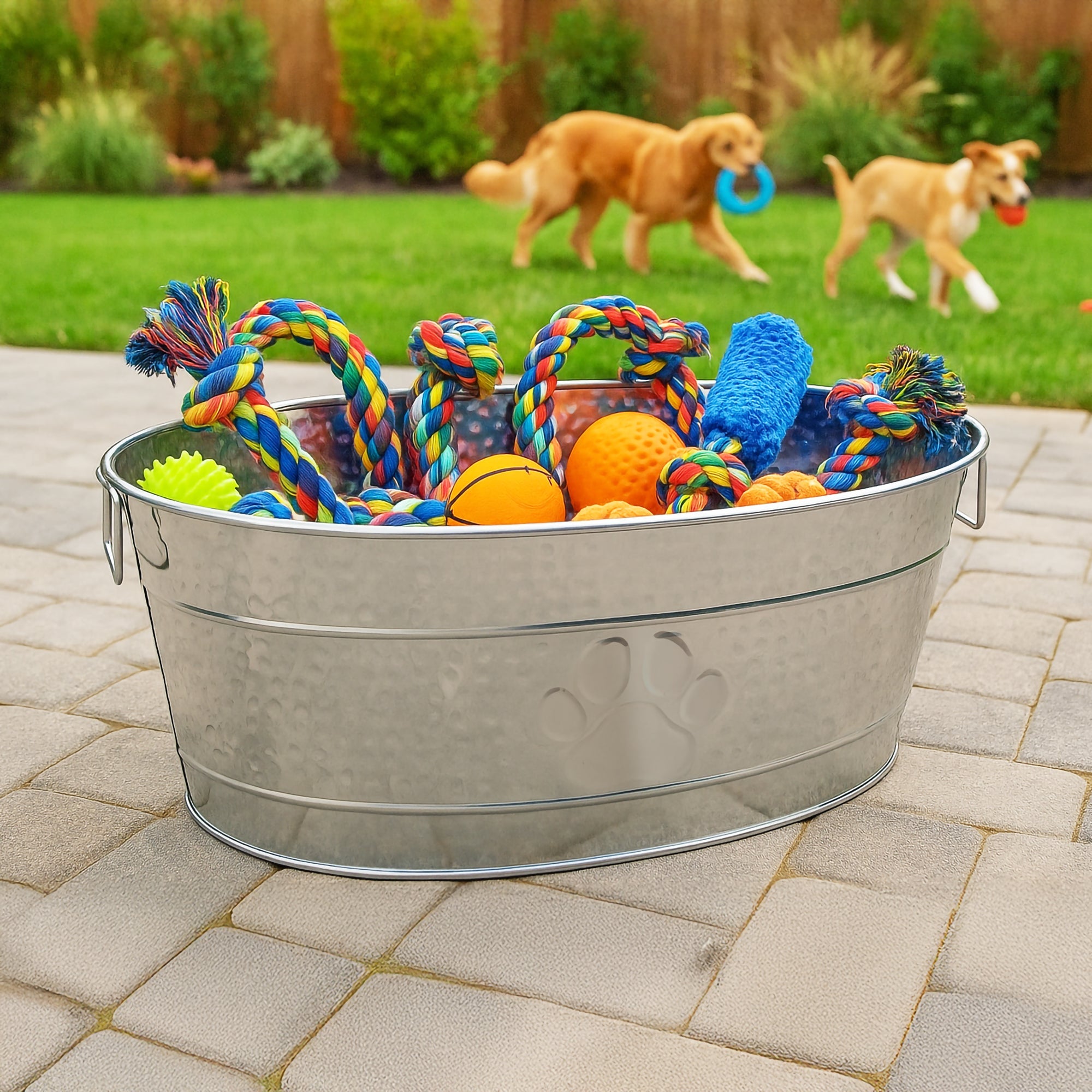 Stainless Steel Dog Toy Storage Bin – Large, Embossed Paw Print | BREKX