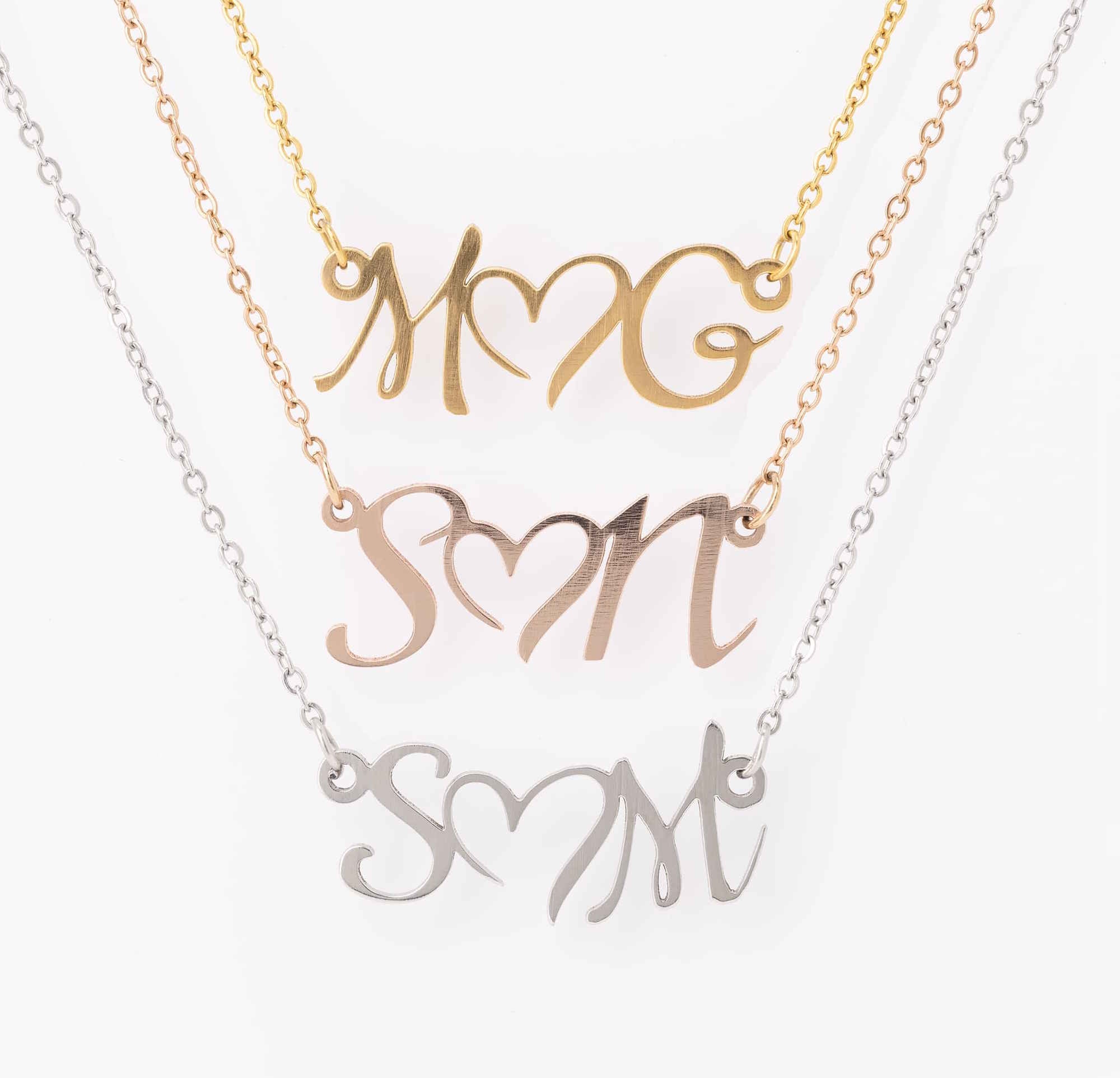 Custom Name or Initials Heart Necklace in Gold, Rose Gold or Silver